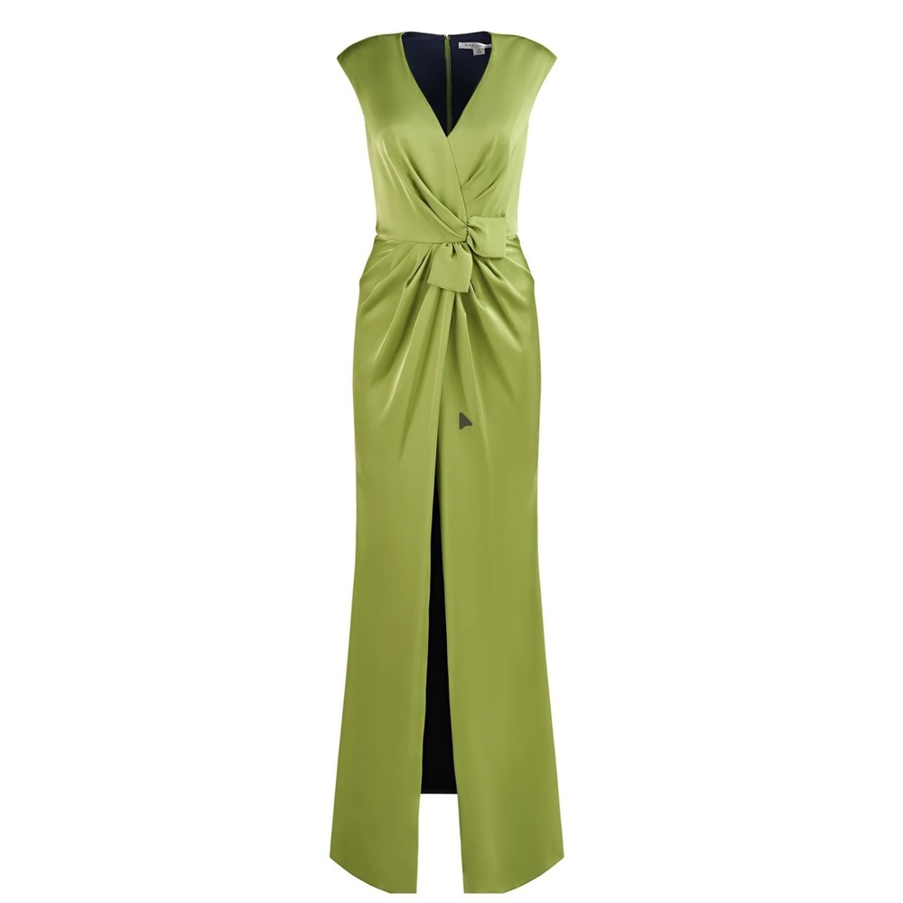 Kay Unger Lilly Walkthrough Jumpsuit Green Satin V-Neck Gown Maxi Dress 8 NEW